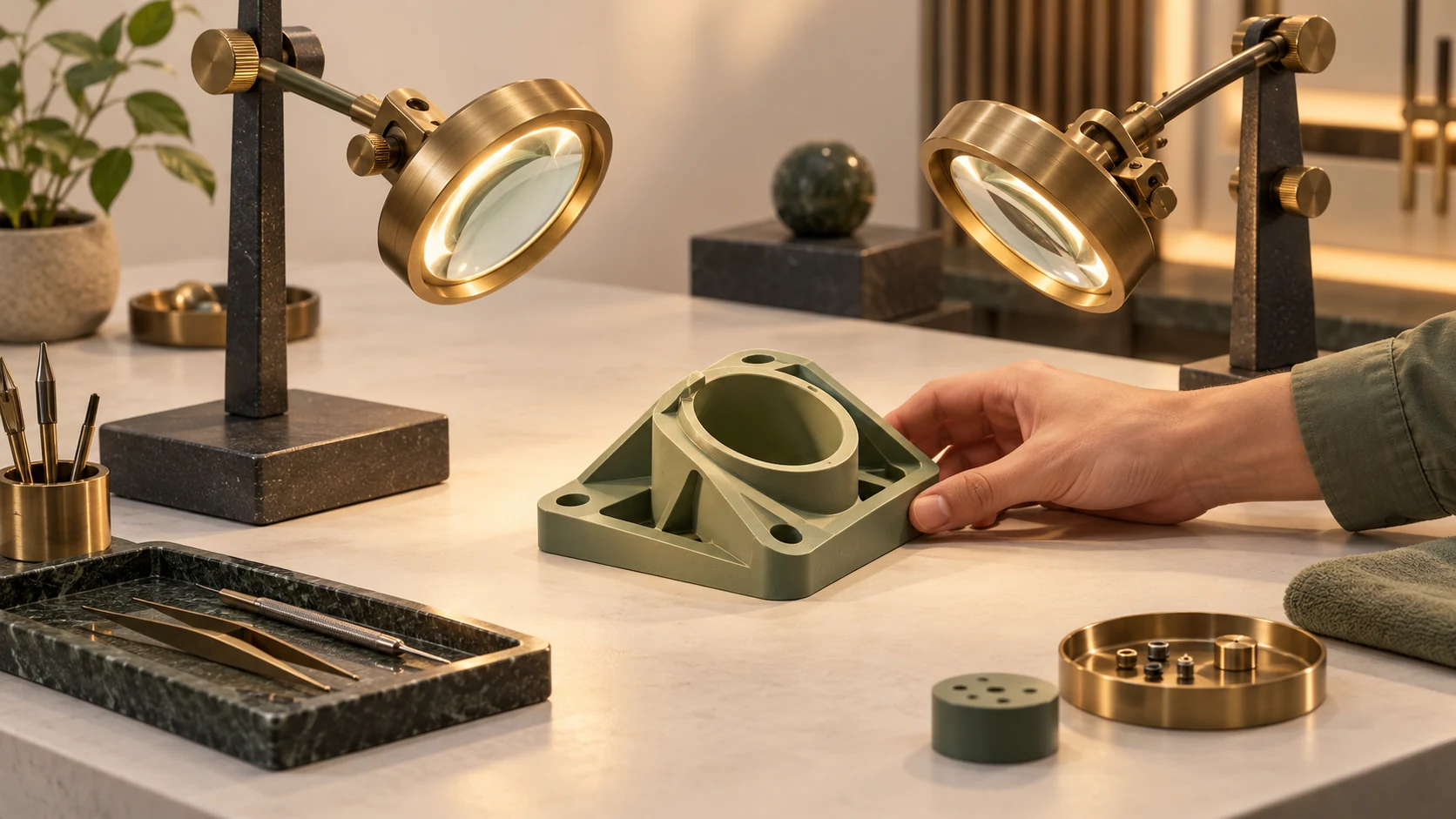 Two independently supported inspection lenses examine the same component on a workbench.