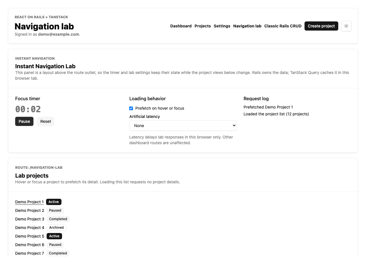 Desktop Navigation Lab with running timer, project list, and prefetch request log