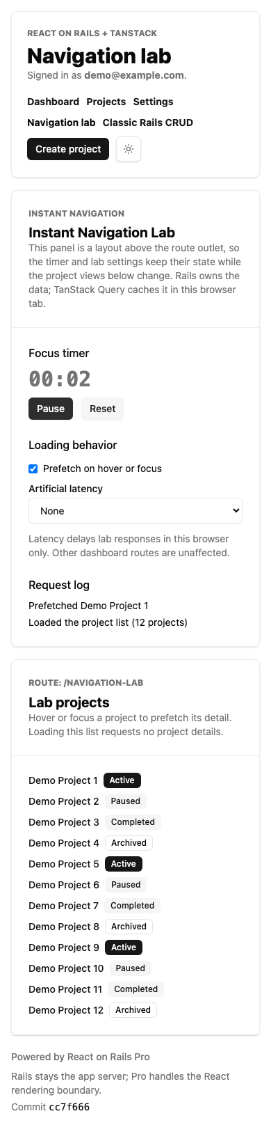 Mobile Navigation Lab with running timer, project list, and prefetch request log